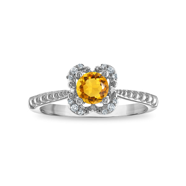 5MM Round Citrine and White Sapphire Birthstone Flower Halo Ring in Sterling Silver