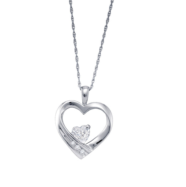 Heart Shape White Sapphire and Diamond Birthstone 18" Pendant in Sterling Silver