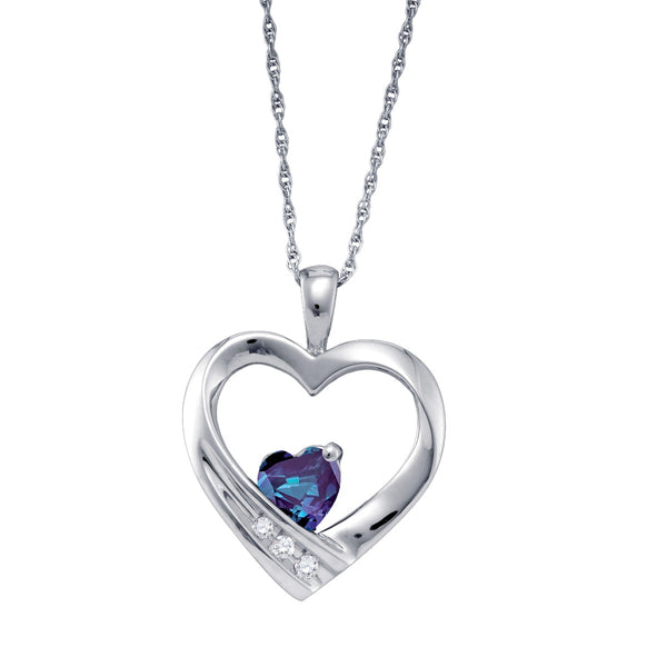 Heart Shape Alexandrite and Diamond Birthstone 18" Pendant in Sterling Silver