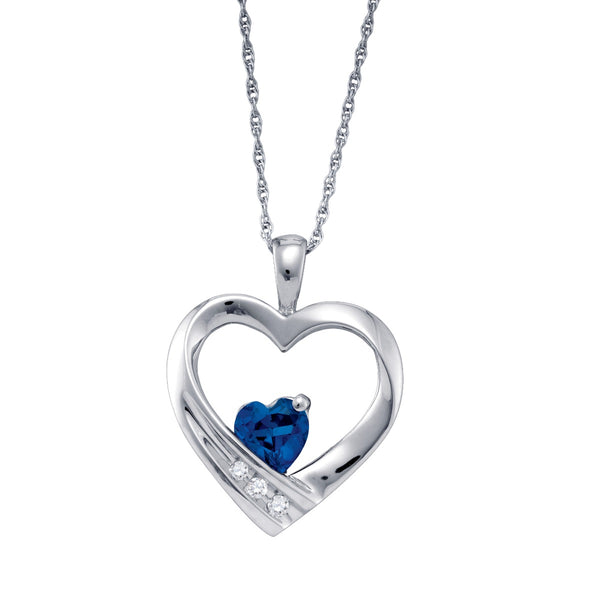 Heart Shape Blue Sapphire and Diamond Birthstone 18" Pendant in Sterling Silver