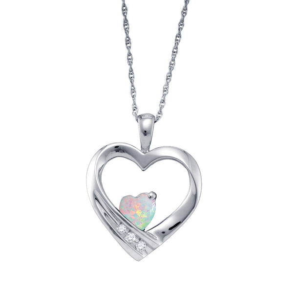 Heart Shape Opal and Diamond Birthstone 18" Pendant in Sterling Silver