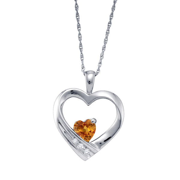 Heart Shape Citrine and Diamond Birthstone 18" Pendant in Sterling Silver