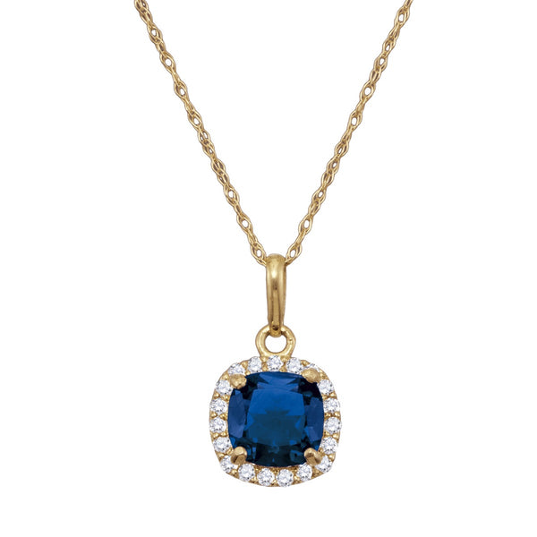 6MM Cushion Blue Sapphire and White Sapphire Birthstone Halo 18" Pendant in 10KT Yellow Gold