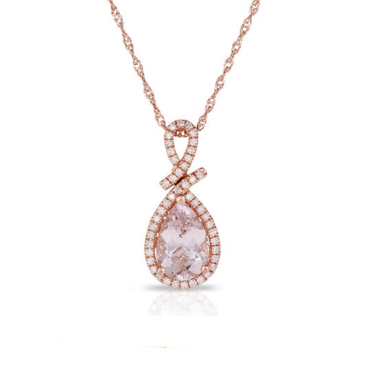 9X6MM Pear Morganite and Diamond Filigree Halo 18" Pendant in 14KT Rose Gold