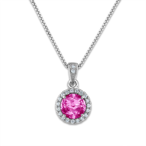 6MM Round Pink Sapphire and White Sapphire Birthstone 18" Pendant in Sterling Silver