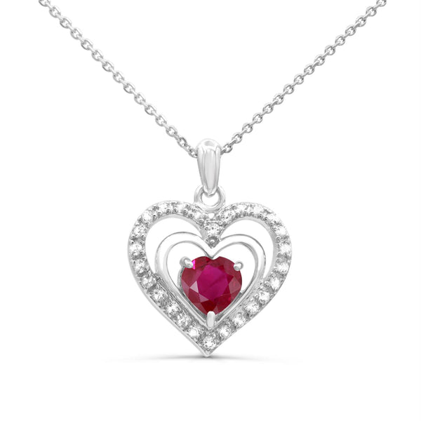 7MM Heart Shape Ruby and White Sapphire Heart 18" Pendant in Rhodium Plated Sterling Silver