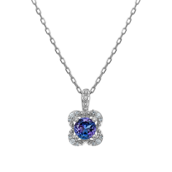 5MM Round Alexandrite and White Sapphire Birthstone Flower Halo Pendant in Sterling Silver