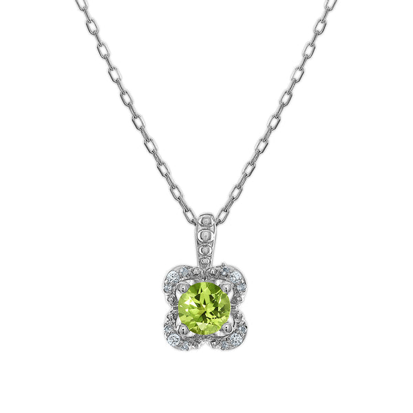 5MM Round Peridot and White Sapphire Birthstone Flower Halo Pendant in Sterling Silver