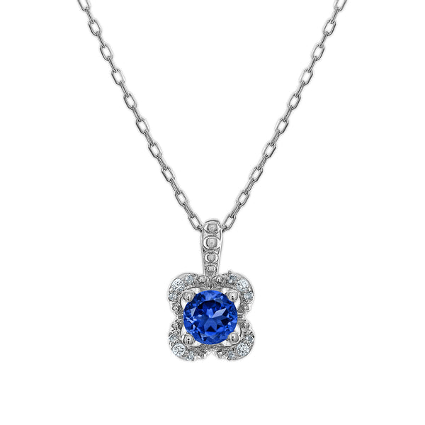 5MM Round Sapphire and White Sapphire Birthstone Flower Halo Pendant in Sterling Silver