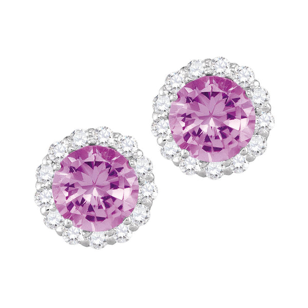 6MM Round Pink Sapphire and White Sapphire Birthstone Halo Stud Earrings in 10KT White Gold