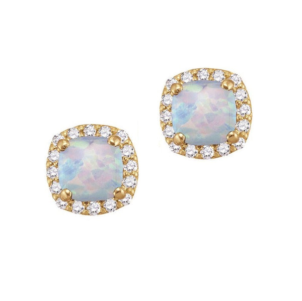 5MM Cushion Opal and White Sapphire Birthstone Halo Stud Earrings in 10KT Yellow Gold