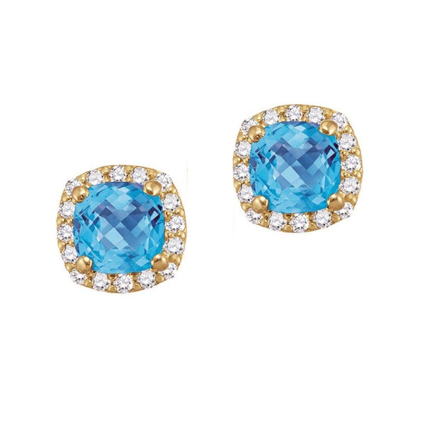 5MM Cushion Blue Topaz and White Sapphire Birthstone Halo Stud Earrings in 10KT Yellow Gold