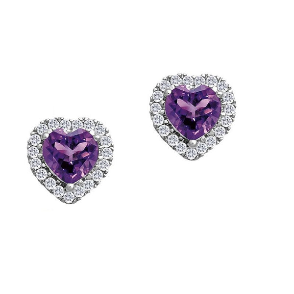 5MM Heart Shape Amethyst and White Sapphire Birthstone Halo Stud Earrings in 10KT White Gold