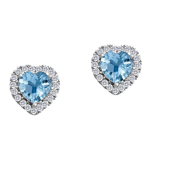 5MM Heart Shape Blue Topaz and White Sapphire Birthstone Halo Stud Earrings in 10KT White Gold