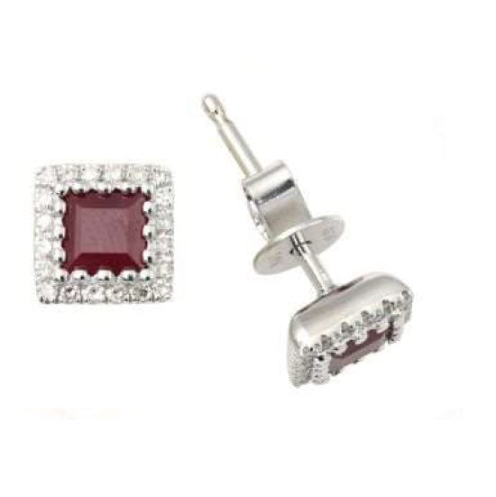 3.6MM Square Ruby and Diamond Halo Stud Earrings in 14KT White Gold