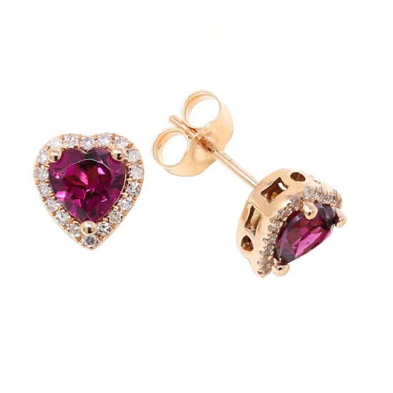 5MM Heart Shape Rhodolite Garnet and Diamond Halo Stud Earrings in 14KT Rose Gold