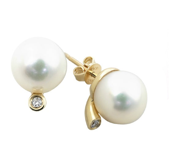 10MM Round Fresh Water Pearl and Diamond Stud Earrings in 14KT Yellow Gold