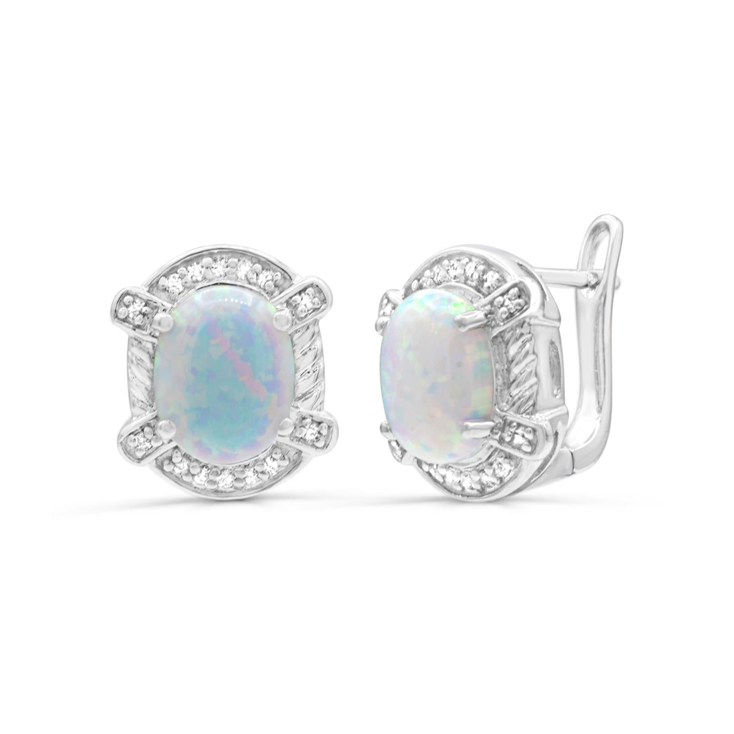 Created Opal and White Sapphire Halo Earrings in Sterling Silver