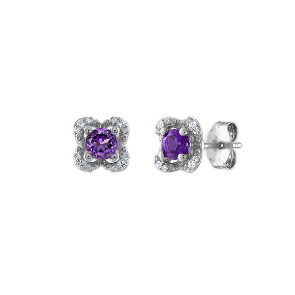 4MM Round Amethyst and White Sapphire Birthstone Flower Halo Earrings in Sterling Silver