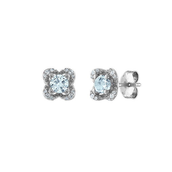 4MM Round Aquamarine and White Sapphire Birthstone Flower Halo Earrings in Sterling Silver