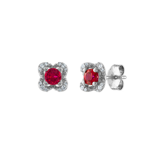 4MM Round Ruby and White Sapphire Birthstone Flower Halo Earrings in Sterling Silver