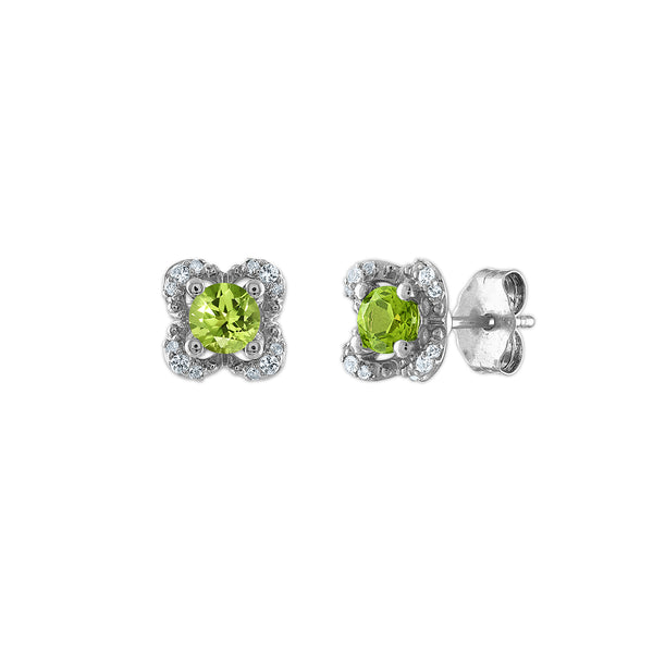 4MM Round Peridot and White Sapphire Birthstone Flower Halo Earrings in Sterling Silver