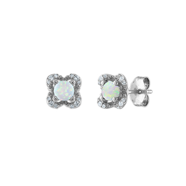 4MM Round Opal and White Sapphire Birthstone Flower Halo Earrings in Sterling Silver