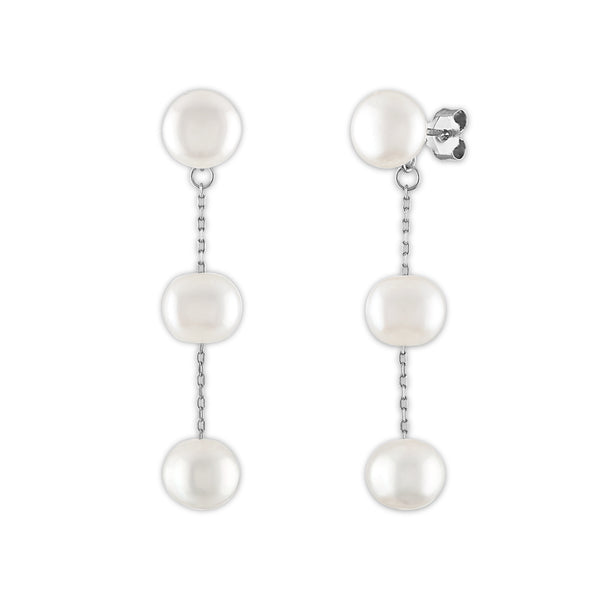 Round Pearl Drop & Dangle Three Stone 7-7.5MM Fresh Water Earrings in Rhodium Plated Sterling Silver