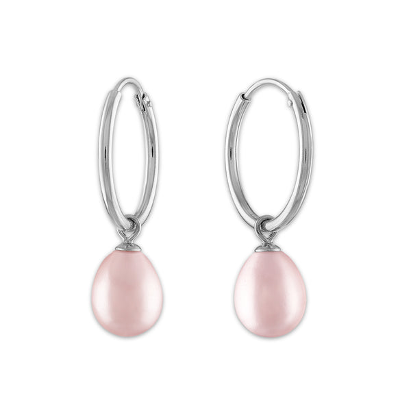 Round Pearl Hoop Drop & Dangle 6-7.5MM Pink Earrings in Rhodium Plated Sterling Silver