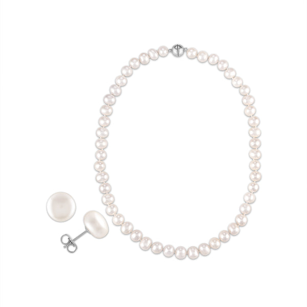 8MM Pearl 18" Necklace and Earrings Set in Sterling Silver