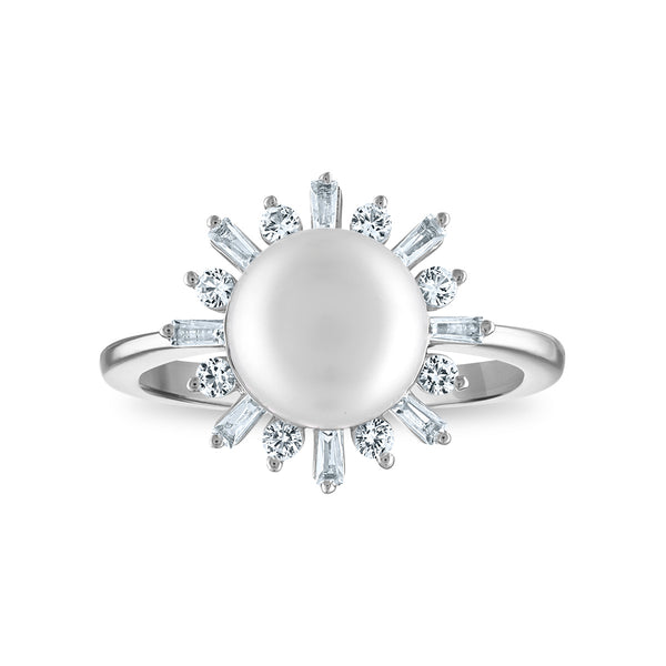 9MM Round Pearl and White Sapphire Fashion Ring in Rhodium Plated Sterling Silver