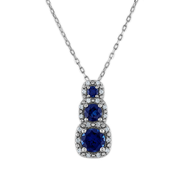 LoveSong EcoLove Round Blue Sapphire and Diamond Three Stone Halo 18" Pendant in 10KT White Gold