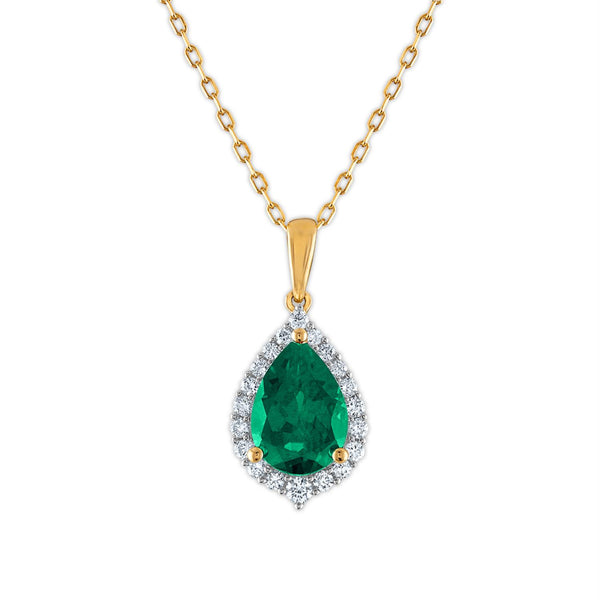 LoveSong EcoLove 10X7MM Pear Emerald and Diamond Halo 18" Pendant in 10KT Yellow Gold