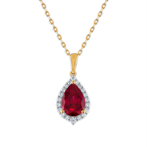 LoveSong EcoLove 10X7MM Pear Ruby and Diamond Halo 18" Pendant in 10KT Yellow Gold