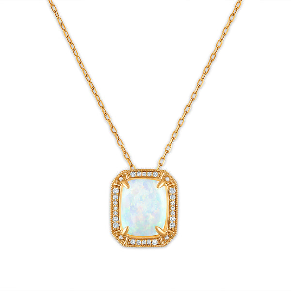 LoveSong 10X8MM Cushion Opal and Diamond Halo Pendant in 10KT Yellow Gold