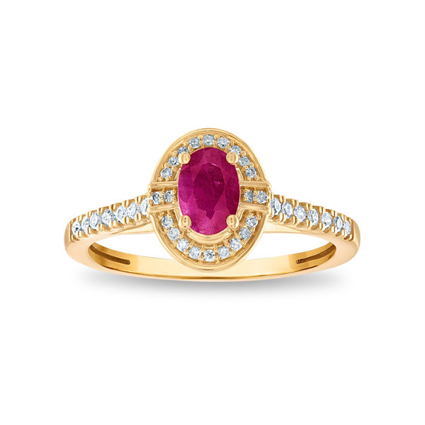 LoveSong 6X4MM Oval Ruby and Diamond Halo Ring in 14KT Yellow Gold