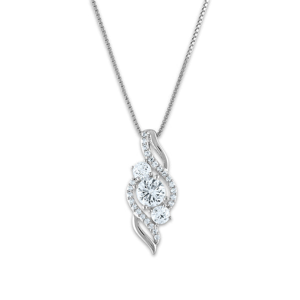 Round White Sapphire and White Sapphire Three Stone Fashion 18" Pendant in Rhodium Plated Sterling Silver