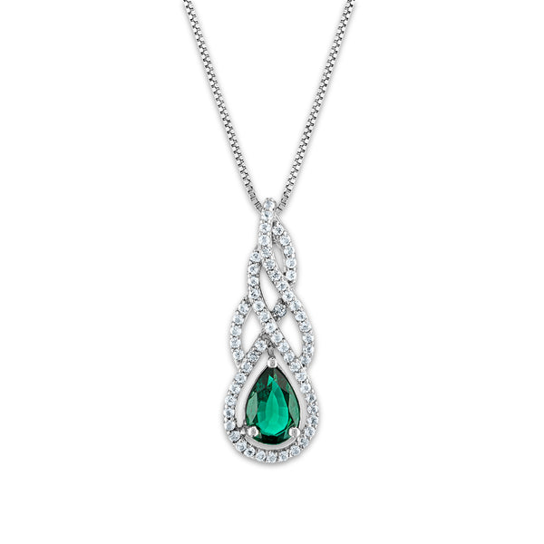 Created Emerald and White Sapphire 18" Pendant in Sterling Silver