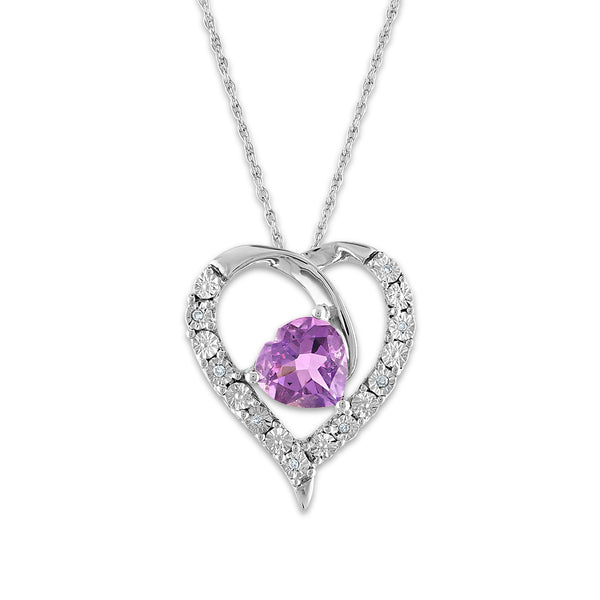 8MM Heart Shape Amethyst and White Sapphire Heart 18" Pendant in Sterling Silver