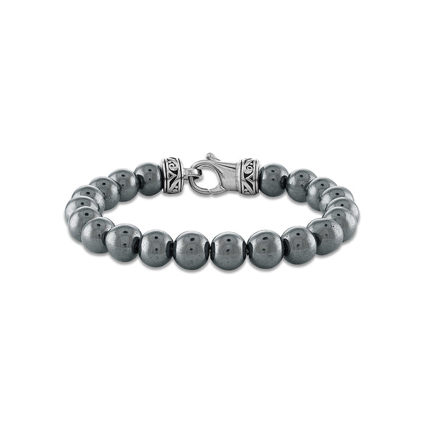 10MM Round Hematite Beaded Bracelet in Stainless Steel