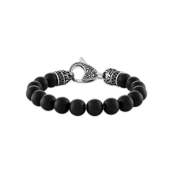 10MM Round Onyx and Cubic Zirconia Beaded Bracelet in Stainless Steel