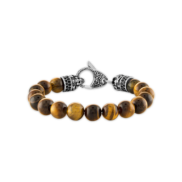 10MM Round Tiger Eye and Cubic Zirconia Beaded Bracelet in Stainless Steel