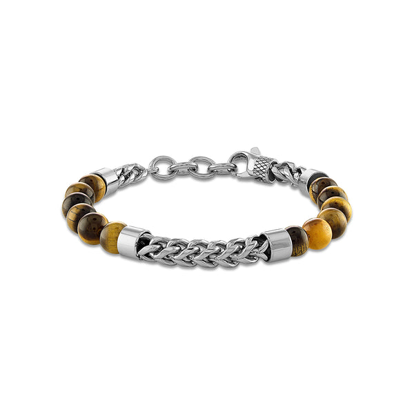 8MM Round Tiger Eye Beaded Franco Bracelet in Stainless Steel