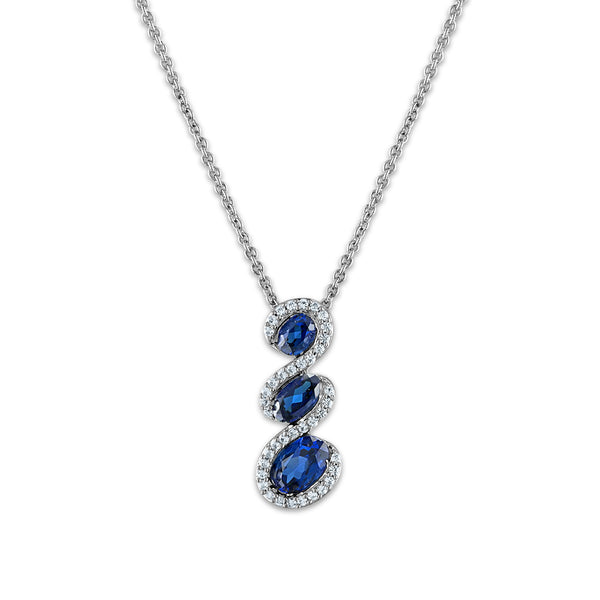 Oval Ceylon Sapphire and White Sapphire Halo Three Stone 18" Pendant in Rhodium Plated Sterling Silver