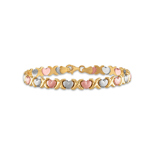 14KT Gold Tri-Color 7" Heart Bracelet