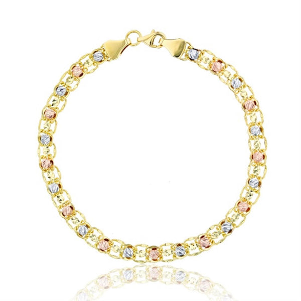 10KT Gold Tri-Color 7.75" 5.3MM Diamond-cut Bracelet