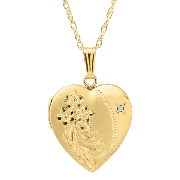 14KT Yellow Gold Filled and Diamond 19MM 18" Locket Heart Flower Pendant