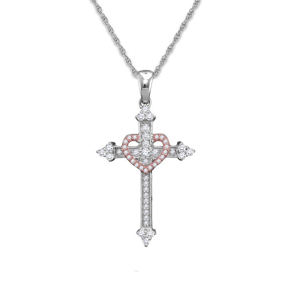 10KT White and Rose Gold 1/2 CTW 18" Cross Heart Pendant