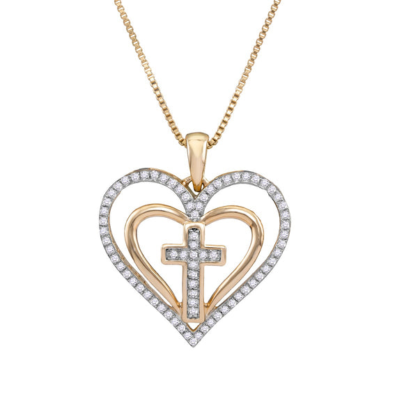 10KT Yellow Gold 1/5 CTW Diamond 18" Cross Heart Pendant