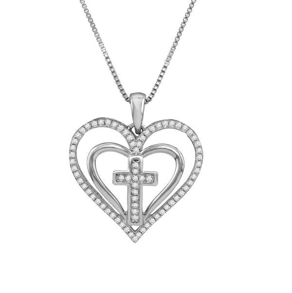 10KT White Gold 1/5 CTW 18" Cross Heart Pendant